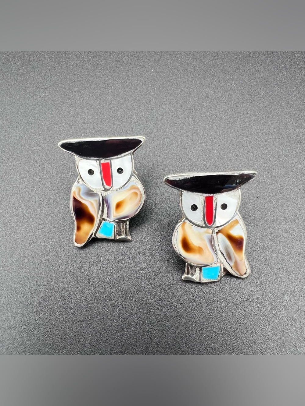 Native American Zuni Inlay Owl Earrings